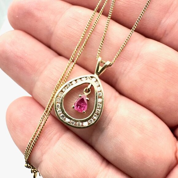 Estate Womens Necklace 14K Yellow Gold Ruby Diamond Pendant 18 Inch - Picture 3 of 6
